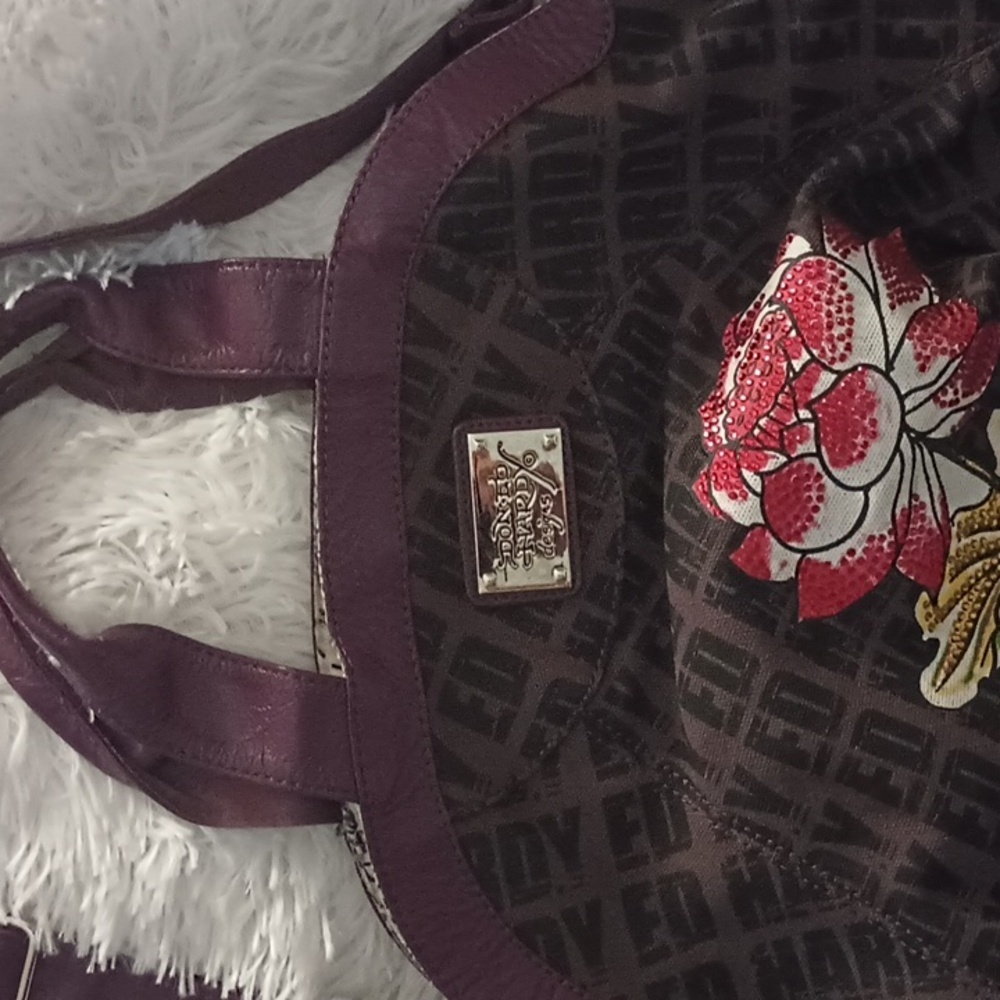 Vintage purple Ed Hardy large rhinestone flower shoulder bag purse